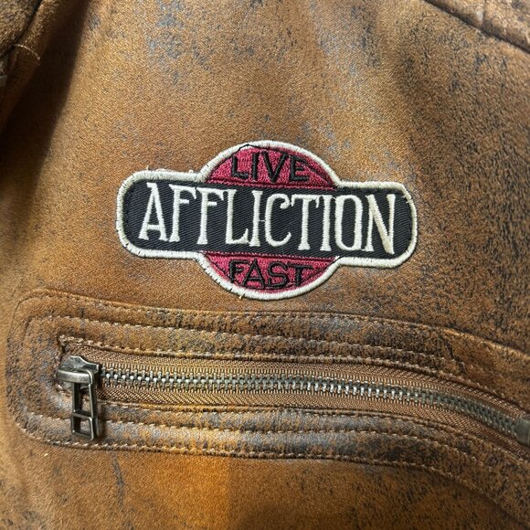 AFFLICTION Distressed Biker Jacket Embroidered Native Skull Zip-up Men's size XL - Picture 4 of 5